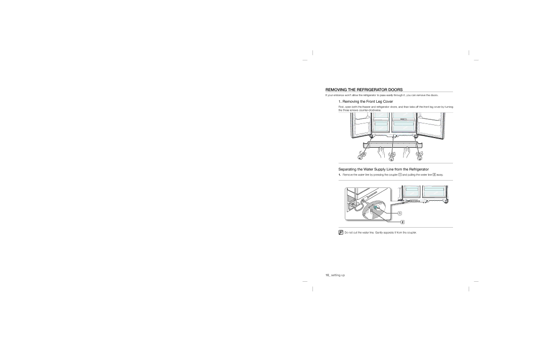 Samsung RSA1DHWP1/XEE, RSA1ZTPE1/XEF, RSA1ZTPE1/EUR manual Removing the Refrigerator Doors, Removing the Front Leg Cover 