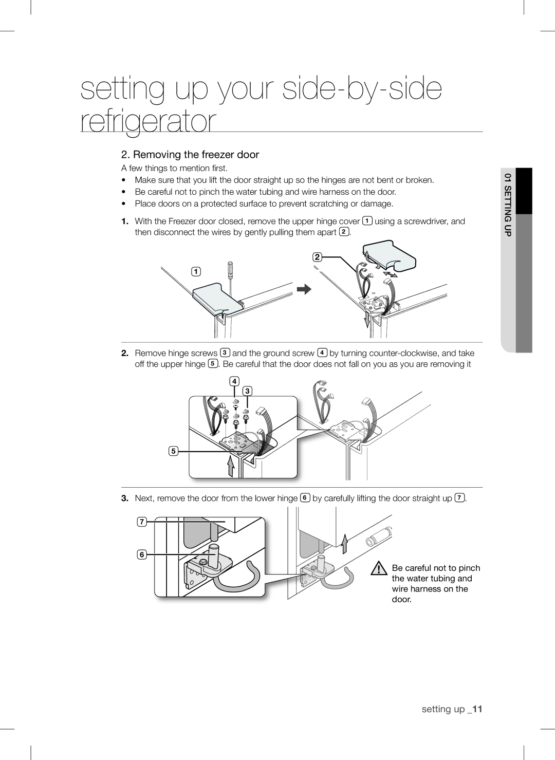 Samsung RSA1DHPE1/XEE, RSA1ZTPE1/XEF, RSA1ZTPE1/EUR, RSA1ZTPE1/XEO, RSA1WTPE1/XEO, RSA1DHWP1/XEE Removing the freezer door 