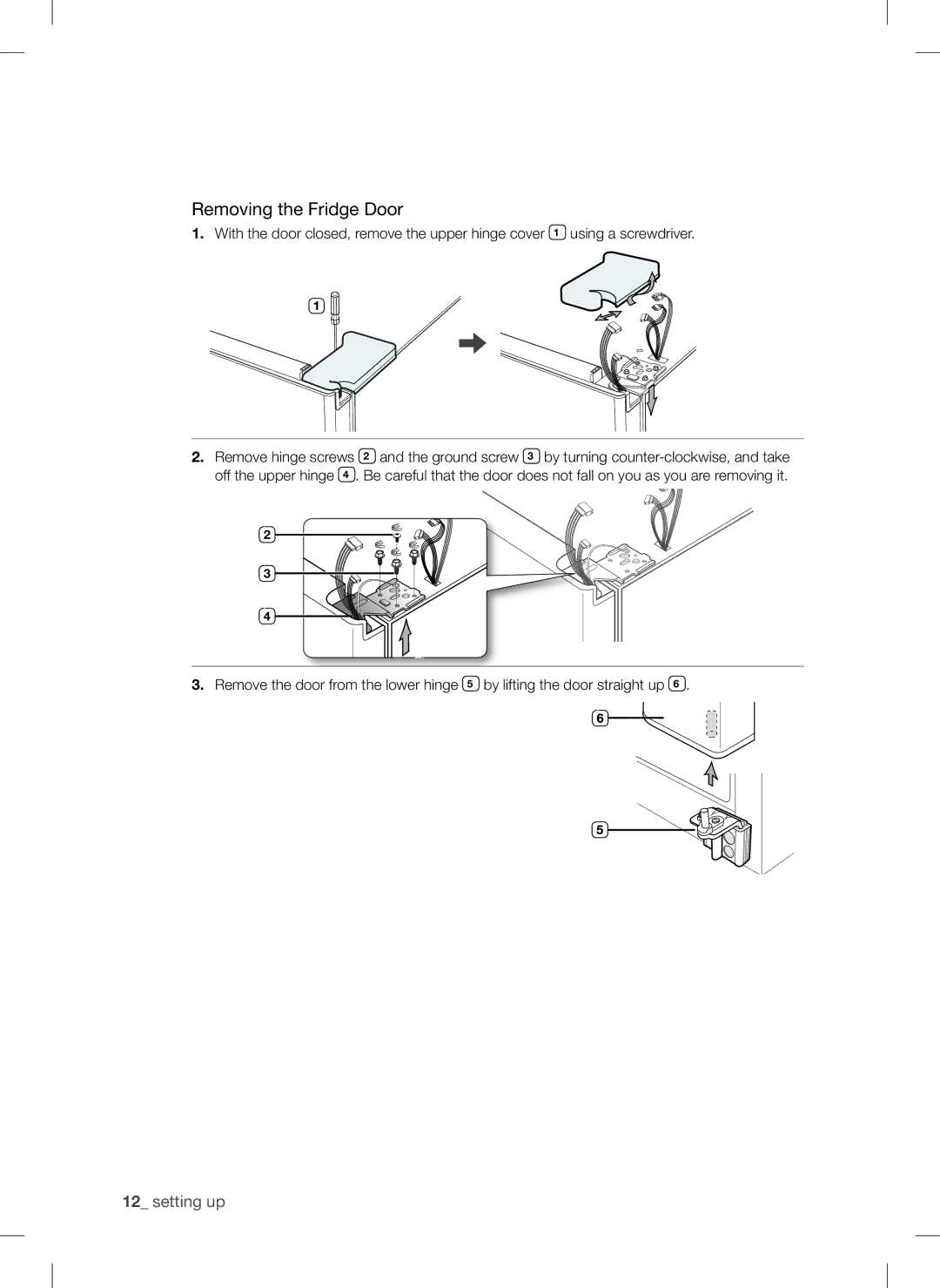 Samsung RSA1ZTPE1/XEF, RSA1ZTPE1/EUR, RSA1ZTPE1/XEO, RSA1WTPE1/XEO, RSA1DHWP1/XEE, RSA1DHPE1/XEE manual Removing the Fridge Door 