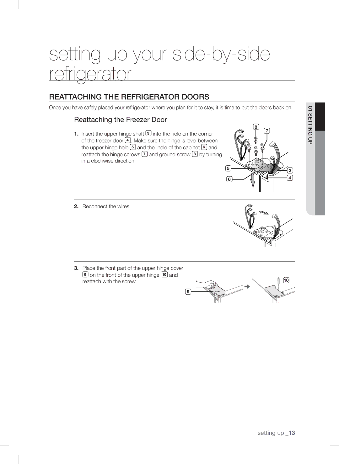 Samsung RSA1ZTPE1/EUR, RSA1ZTPE1/XEF, RSA1ZTPE1/XEO manual Reattaching the refrigerator doors, Reattaching the Freezer Door 