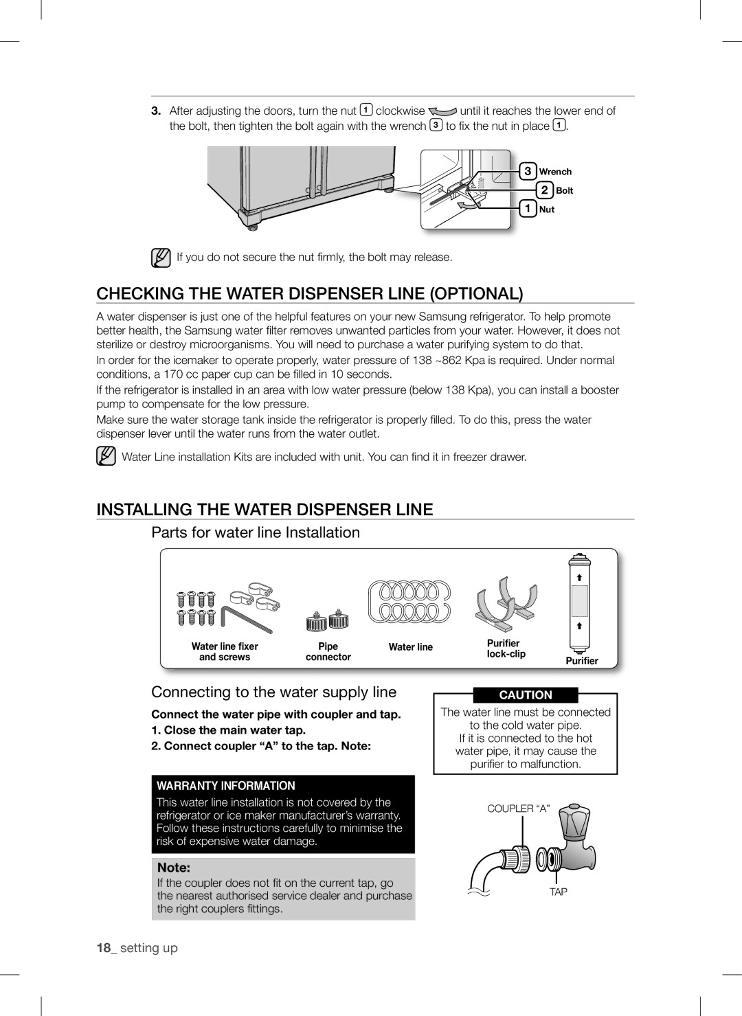 Samsung RSA1ZTPE1/XEF, RSA1ZTPE1/EUR manual Checking the Water Dispenser Line optional, Installing the water dispenser line 