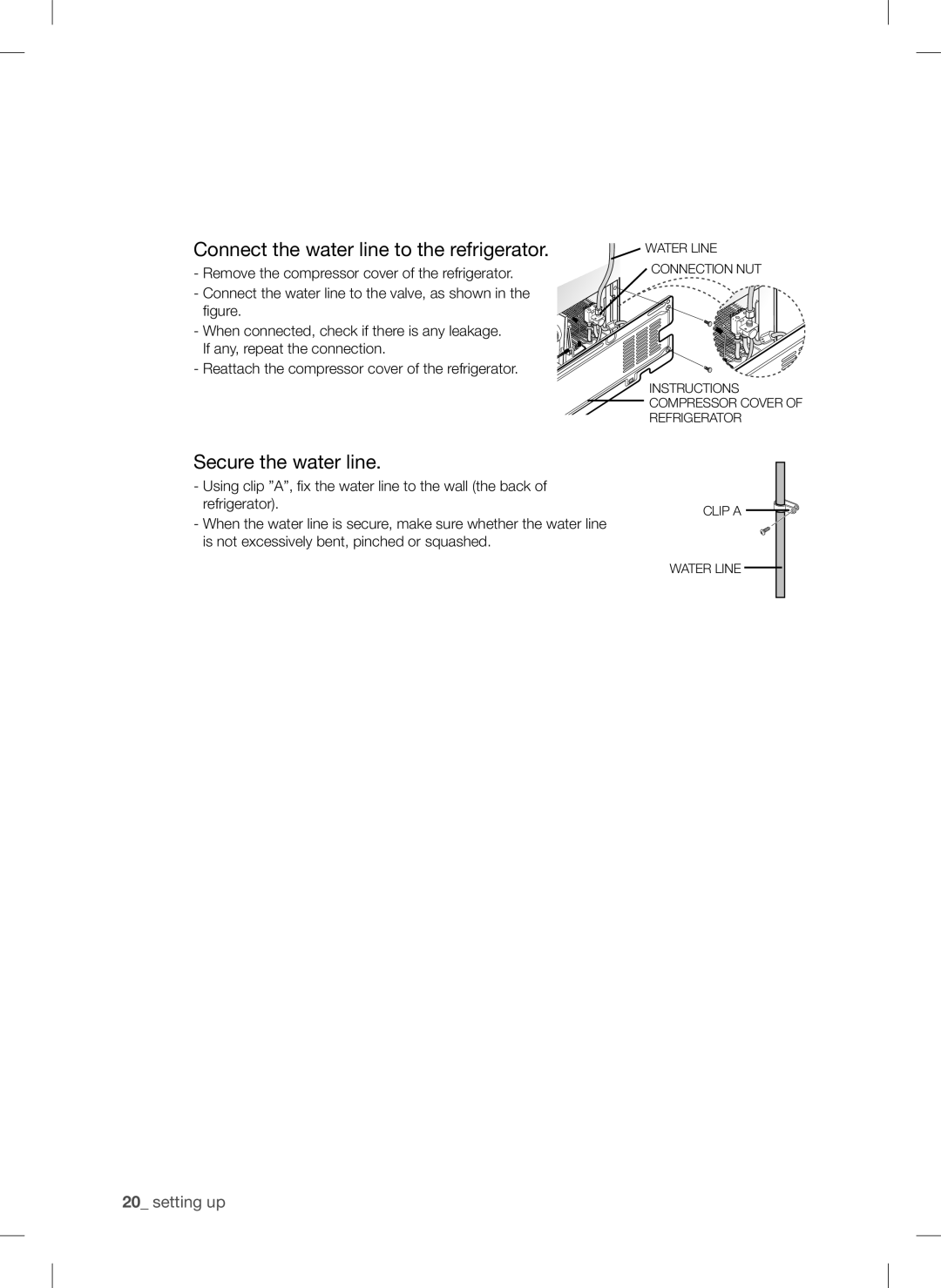 Samsung RSA1ZTPE1/XEO, RSA1ZTPE1/XEF, RSA1ZTPE1/EUR manual Connect the water line to the refrigerator, Secure the water line 