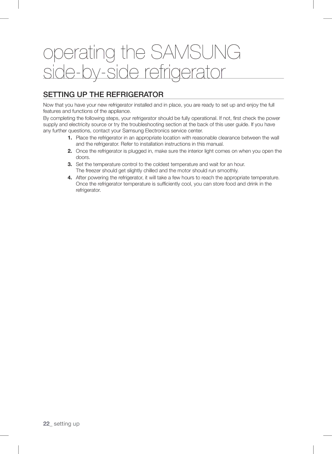 Samsung RSA1DHWP1/XEE, RSA1ZTPE1/XEF manual Operating the Samsung side-by-side refrigerator, Setting up the refrigerator 