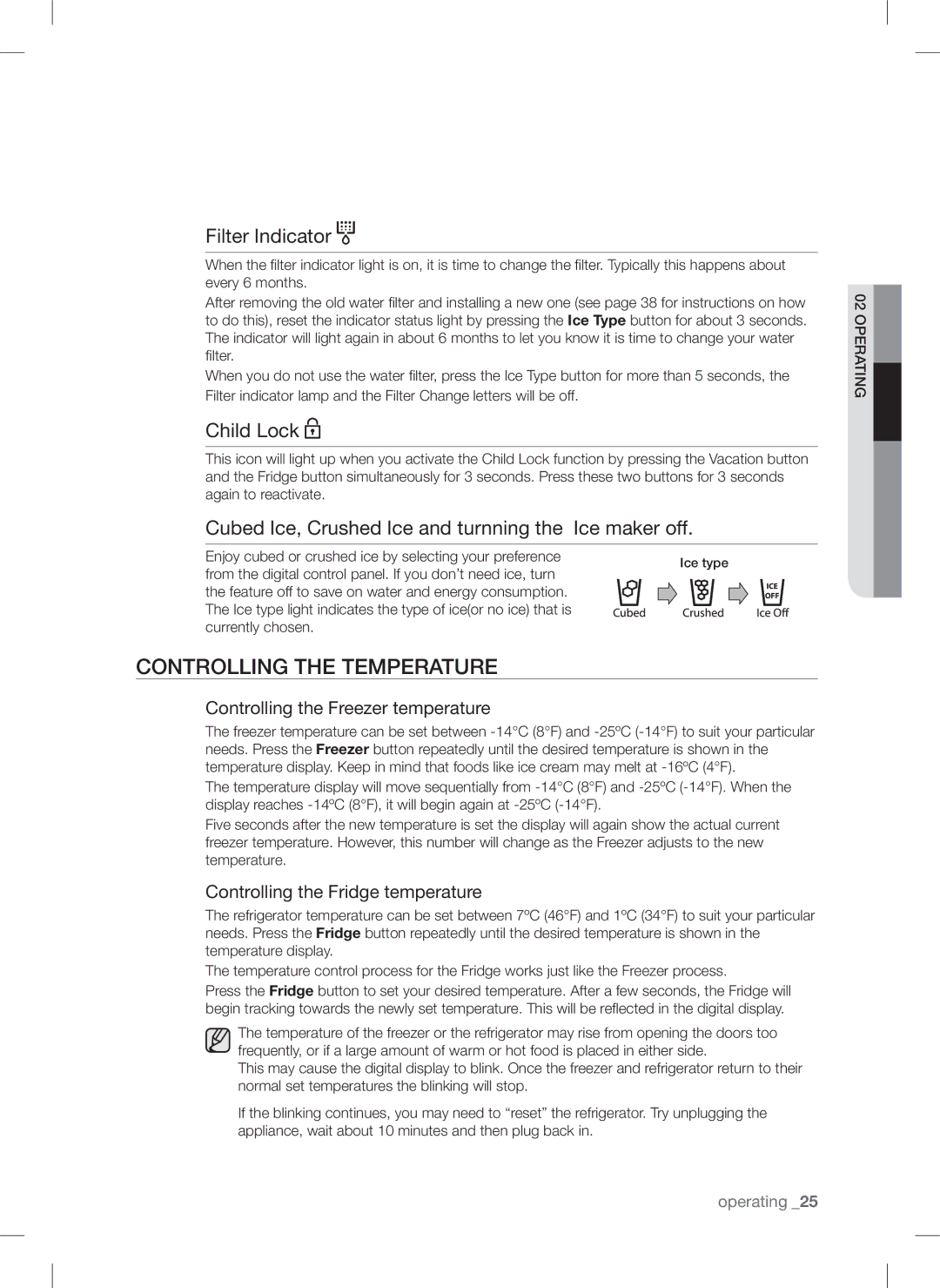 Samsung RSA1ZTPE1/EUR, RSA1ZTPE1/XEF, RSA1ZTPE1/XEO, RSA1WTPE1/XEO Controlling the temperature, Filter Indicator, Child Lock 