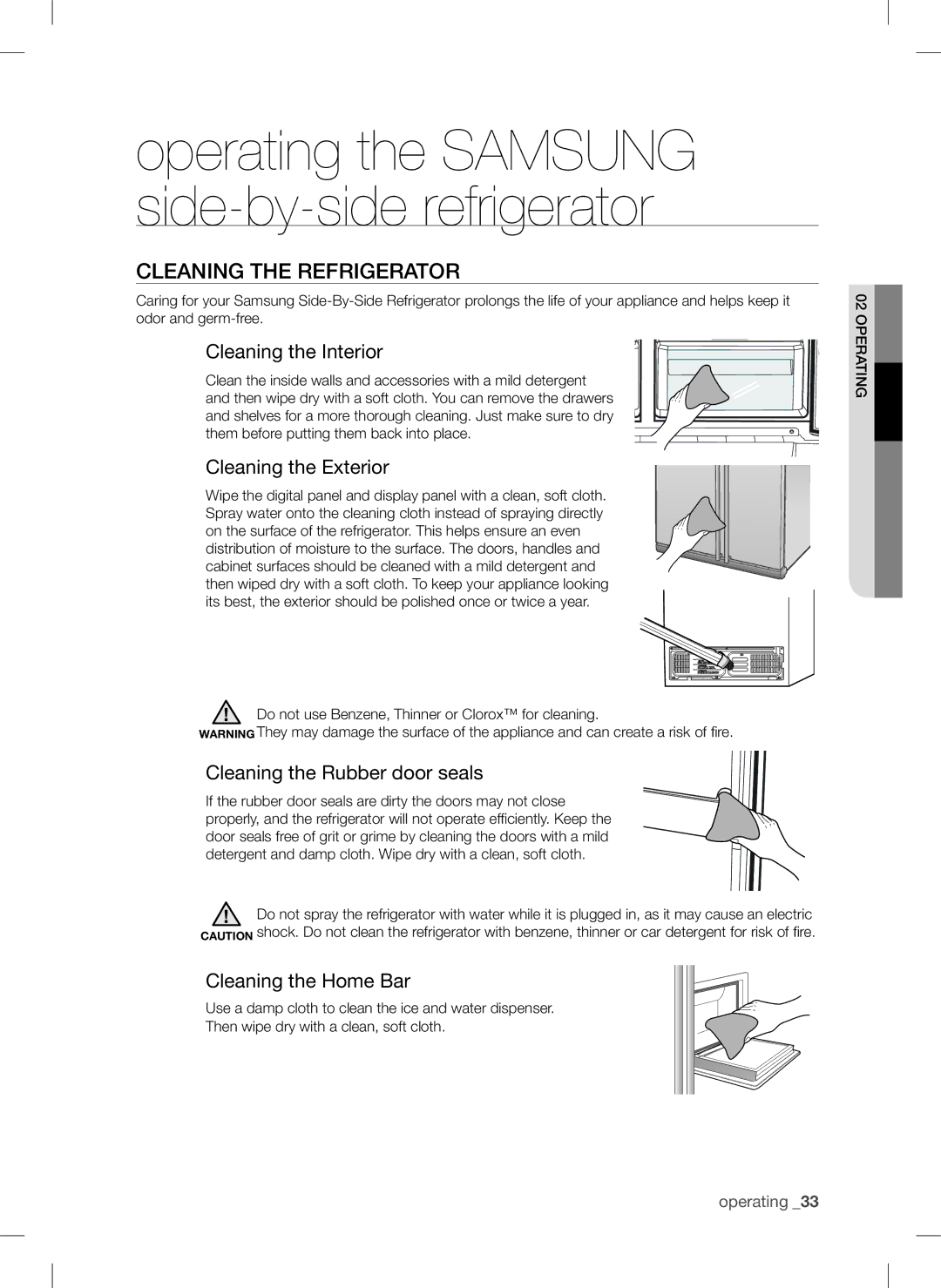 Samsung RSA1WTPE1/XEO manual Cleaning the refrigerator, Cleaning the Interior, Cleaning the Exterior, Cleaning the Home Bar 