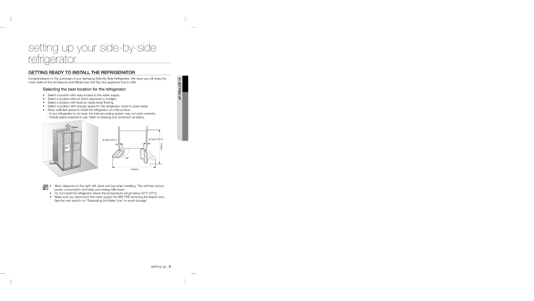 Samsung RSA1WTPE1/XEO, RSA1ZTPE1/XEF Setting up your side-by-side refrigerator, Getting Ready to Install the Refrigerator 