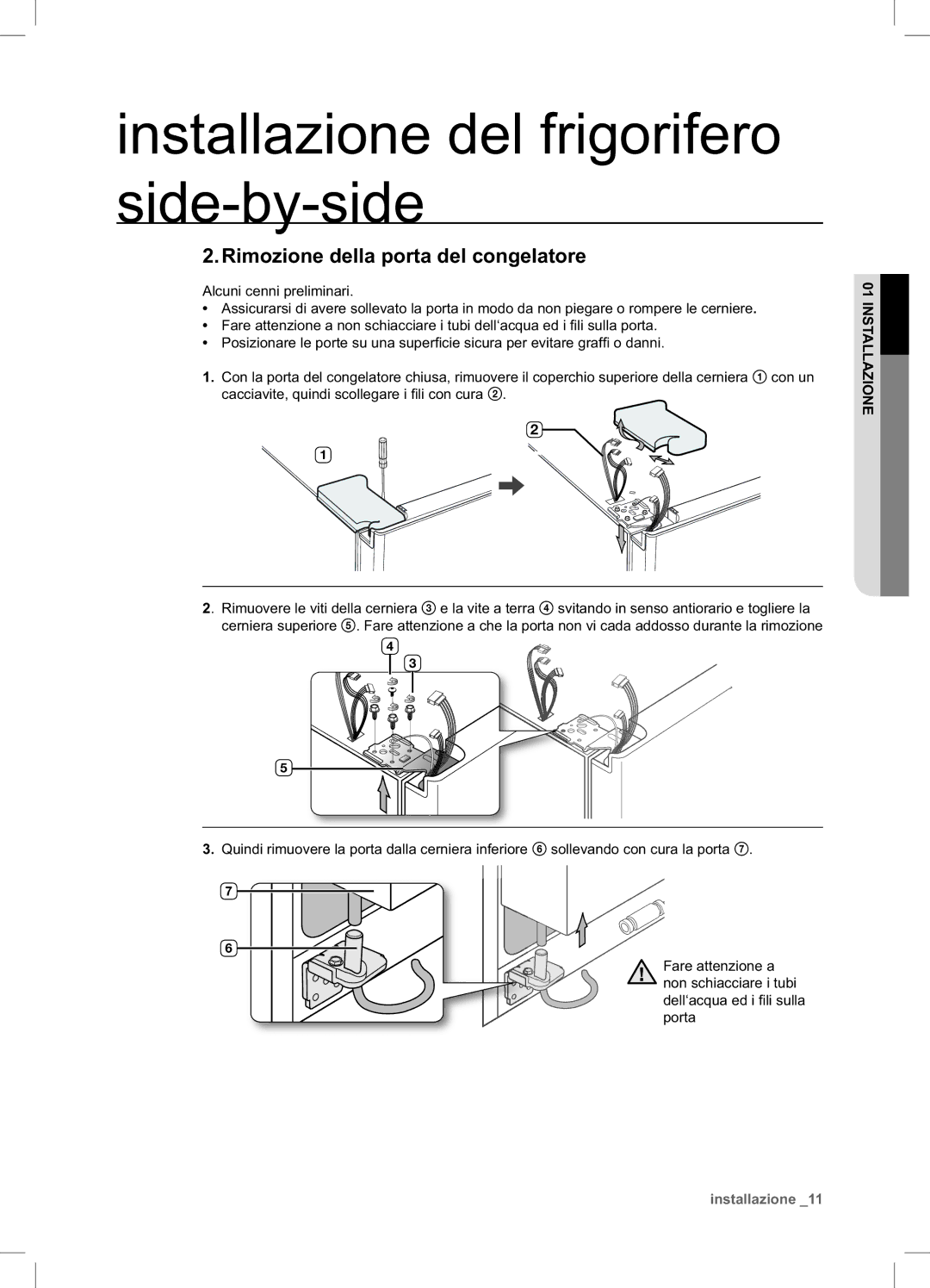 Samsung RSA1STTS1/XES, RSA1ZTTS1/XES, RSA1UTTS1/XES manual Rimozione della porta del congelatore 