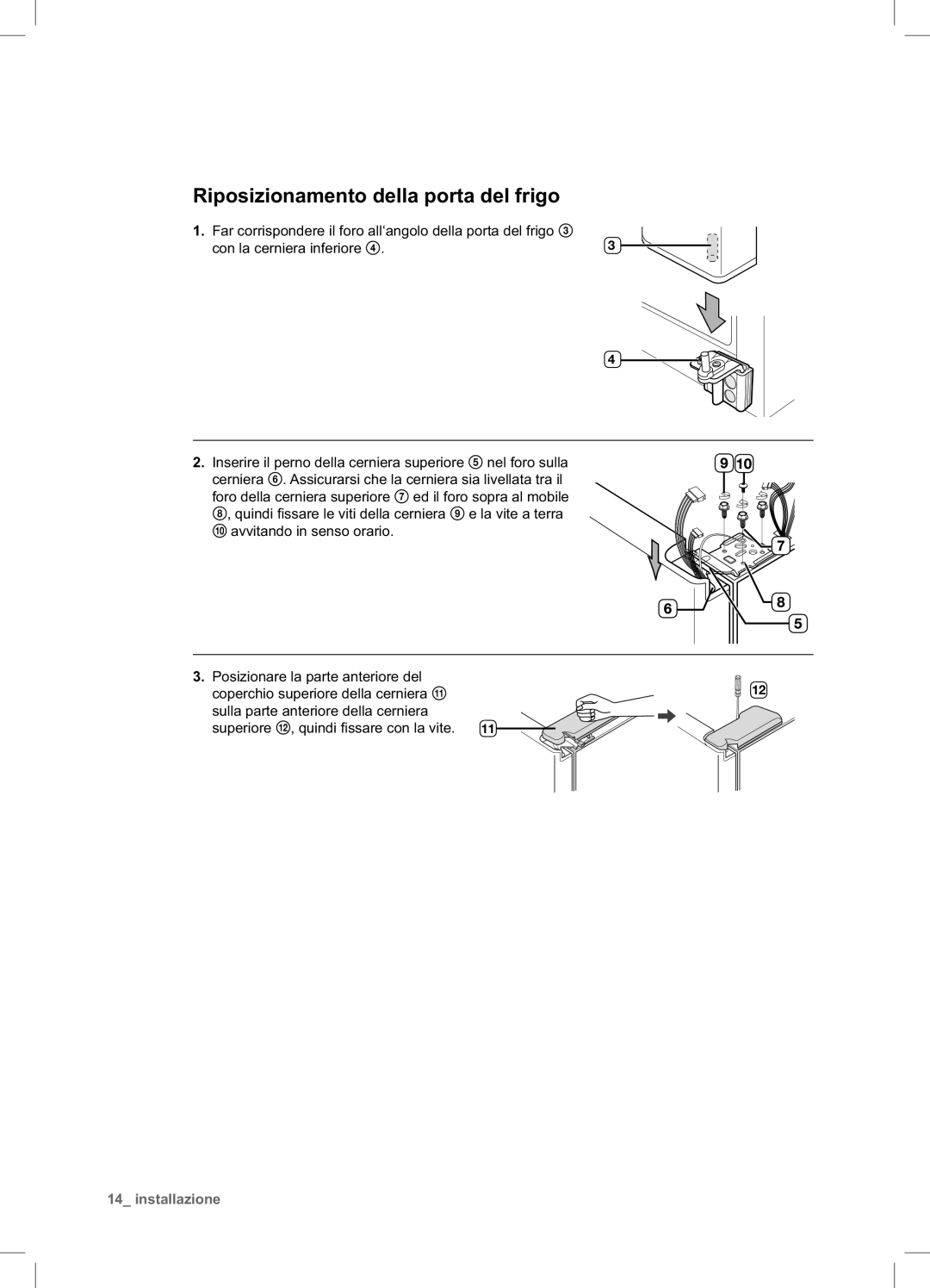 Samsung RSA1STTS1/XES, RSA1ZTTS1/XES, RSA1UTTS1/XES manual Riposizionamento della porta del frigo 