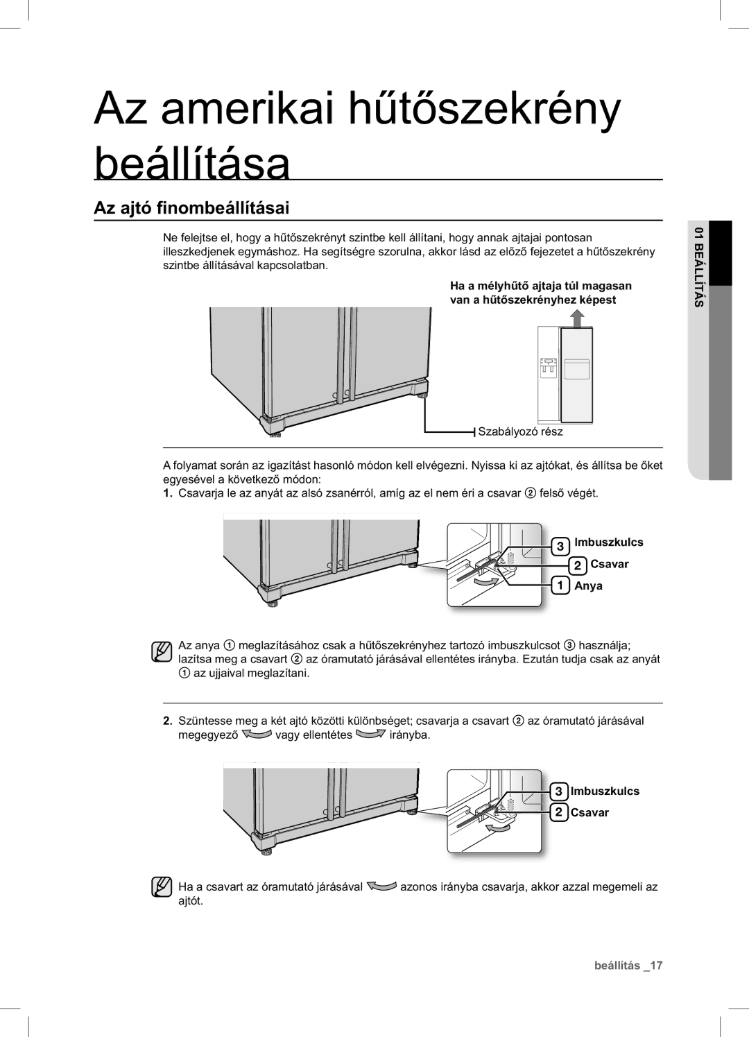 Samsung RSA1DTVG1/XEO, RSA1ZTVG1/EUR, RSA1ZTVG1/XEO, RSA1DTMH1/XEO manual Az ajtó ﬁnombeállításai, Imbuszkulcs Csavar Anya 