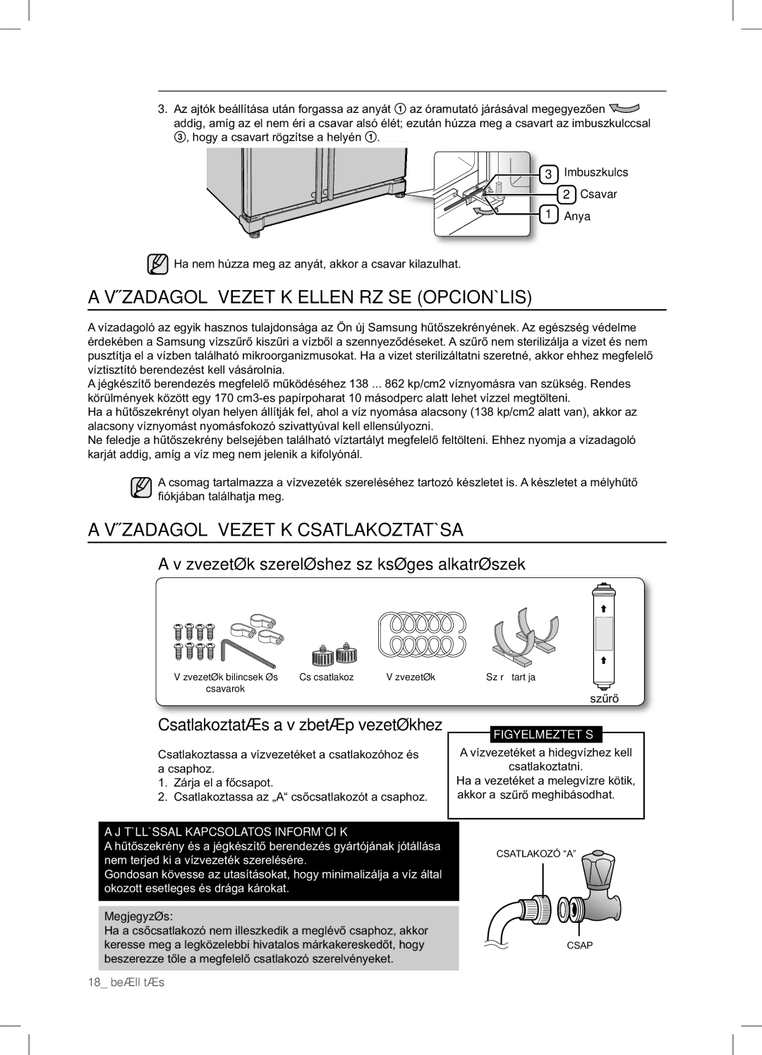 Samsung RSA1ZTVG1/XEO, RSA1ZTVG1/EUR manual Vízadagoló Vezeték Ellenőrzése Opcionális, Vízadagoló Vezeték Csatlakoztatása 