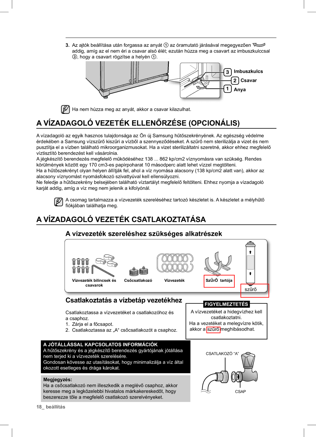 Samsung RSA1ZTVG1/EUR, RSA1ZTPE1/XEF manual Vízadagoló Vezeték Ellenőrzése Opcionális, Vízadagoló Vezeték Csatlakoztatása 