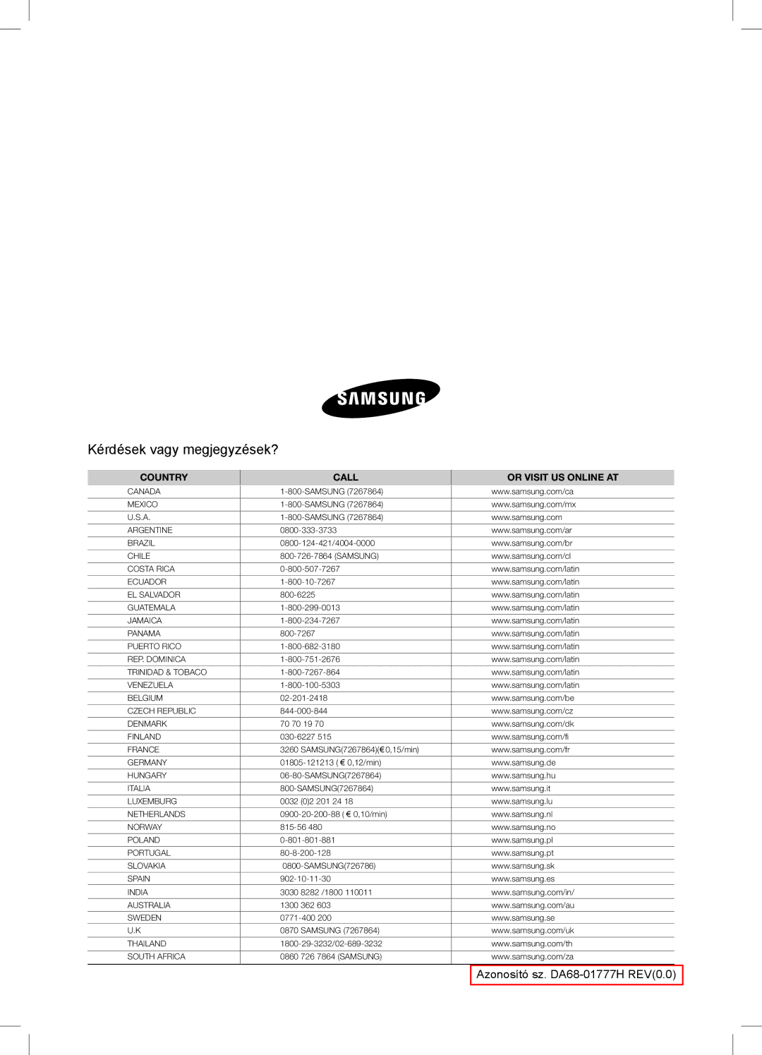 Samsung RSA1ZTPE1/XEO, RSA1ZTVG1/EUR, RSA1ZTPE1/XEF manual Kérdések vagy megjegyzések?, Country Call Or Visit US Online AT 