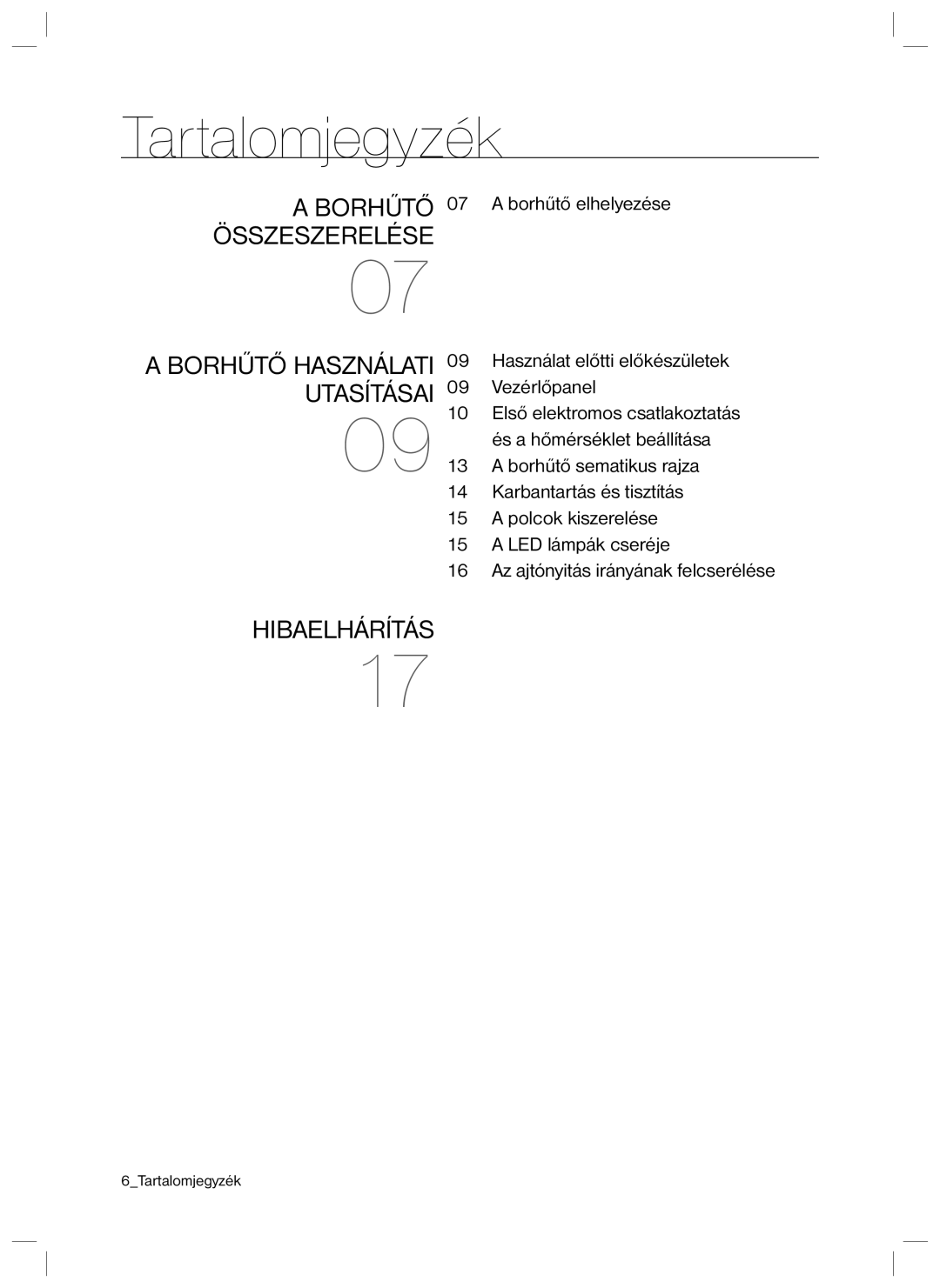 Samsung RSA1ZTVG1/EUR, RSA1ZTVG1/XEO manual Tartalomjegyzék, Borhűtő 