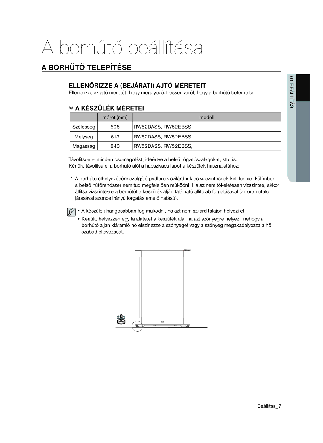 Samsung RSA1ZTVG1/XEO, RSA1ZTVG1/EUR manual Borhűtő beállítása, Borhűtő Telepítése, Készülék Méretei 