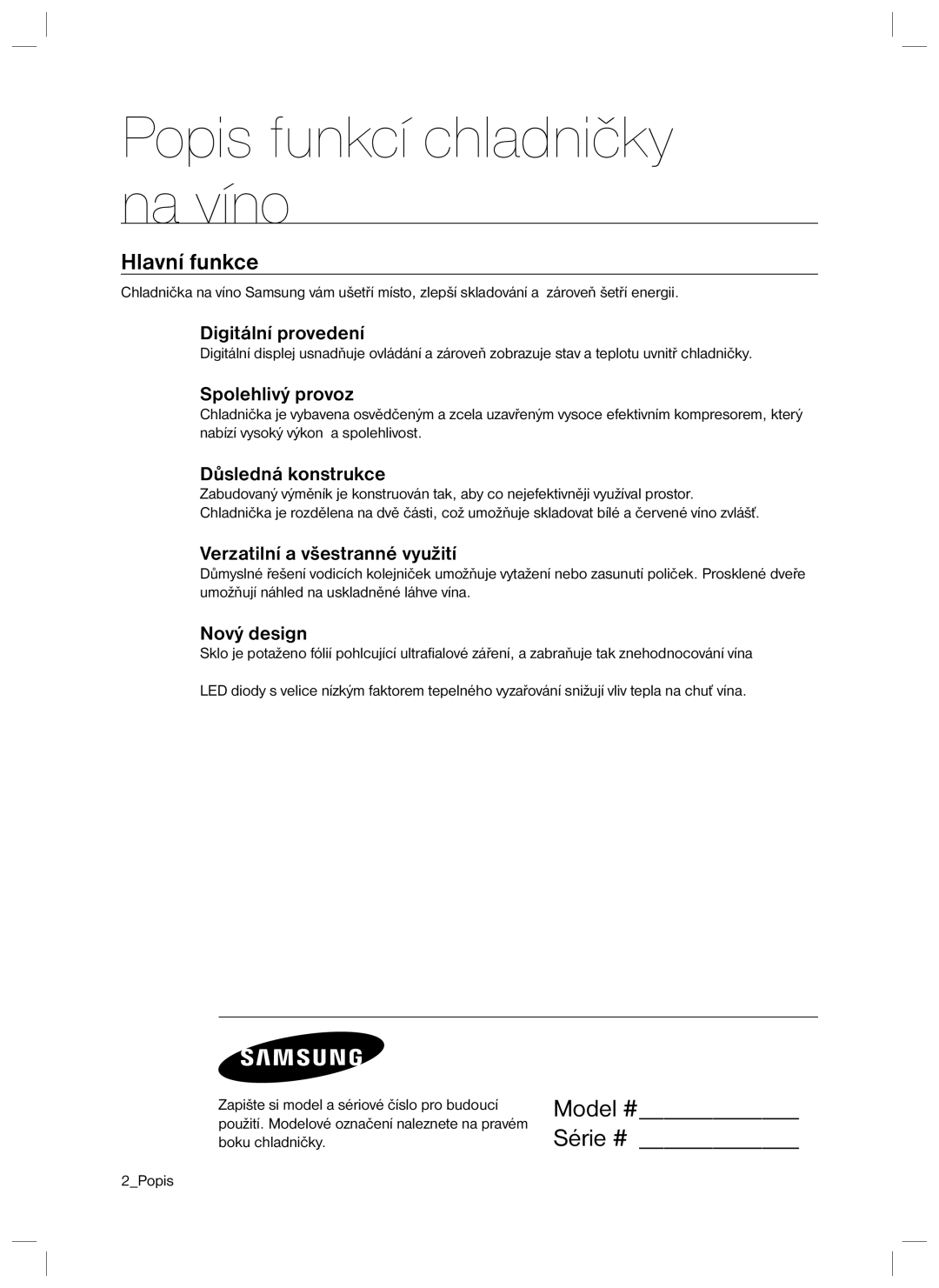 Samsung RSA1ZTVG1/XEO manual Popis funkcí chladničky na víno, Hlavní funkce 