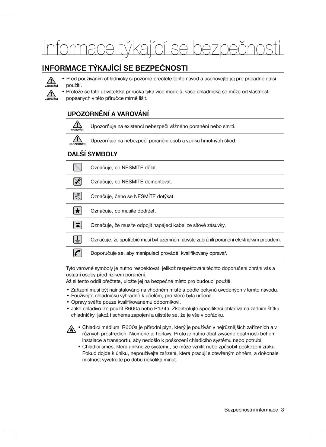 Samsung RSA1ZTVG1/XEO manual Informace týkající se bezpečnosti, Informace Týkající SE Bezpečnosti 