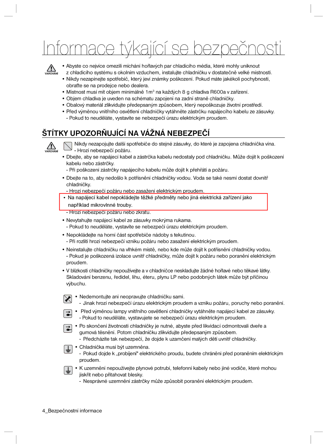 Samsung RSA1ZTVG1/XEO manual Štítky Upozorňující NA Vážná Nebezpečí 