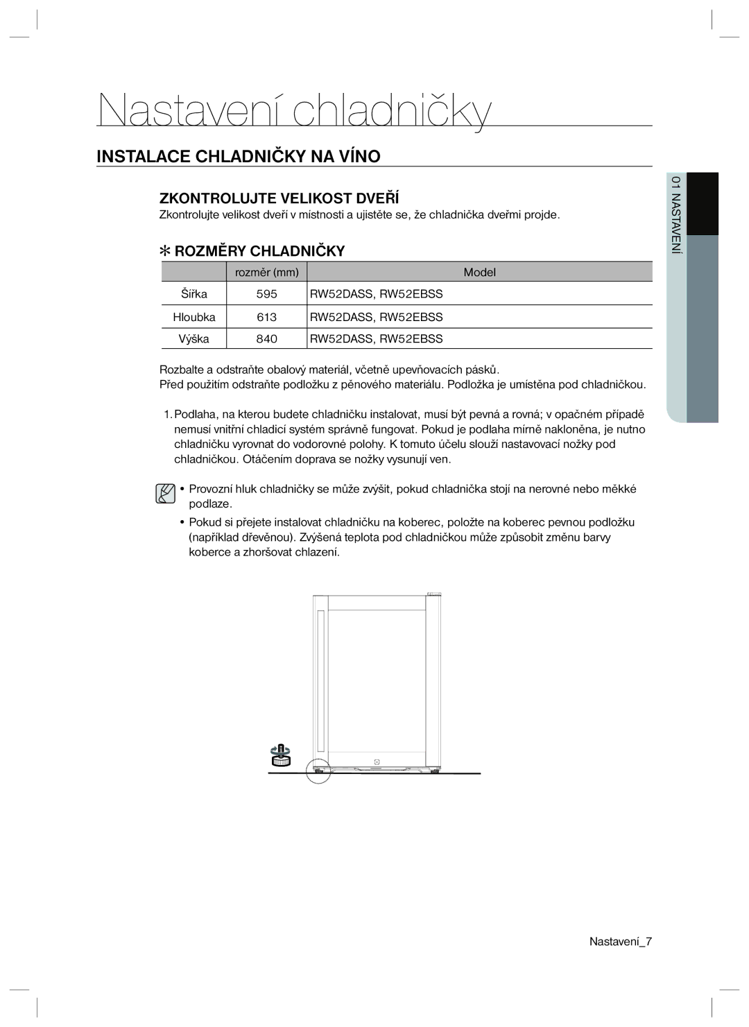 Samsung RSA1ZTVG1/XEO manual Nastavení chladničky, Instalace Chladničky NA Víno, Rozměry Chladničky 