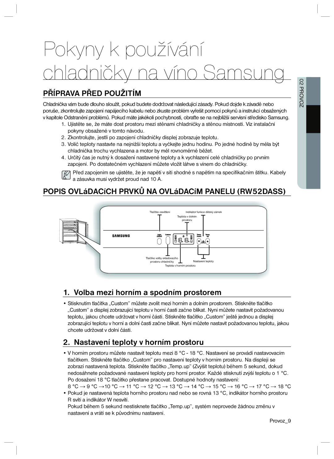 Samsung RSA1ZTVG1/XEO Příprava Před Použitím, Volba mezi horním a spodním prostorem, Nastavení teploty v horním prostoru 