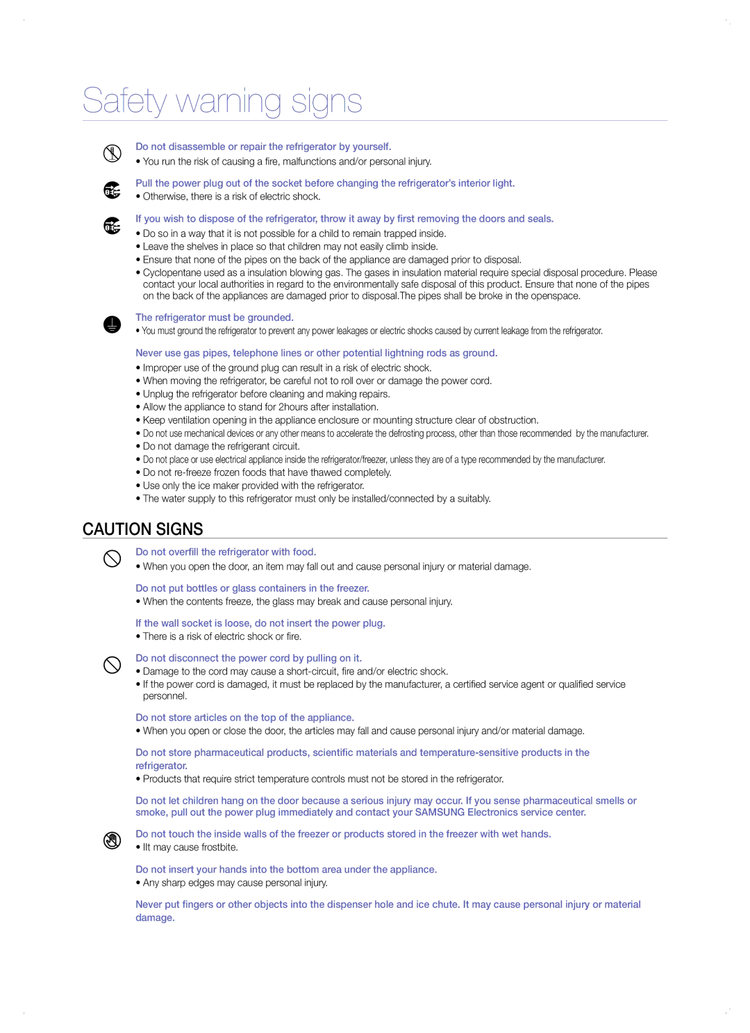 Samsung RSC4KPSH1/SML manual Do not disassemble or repair the refrigerator by yourself 