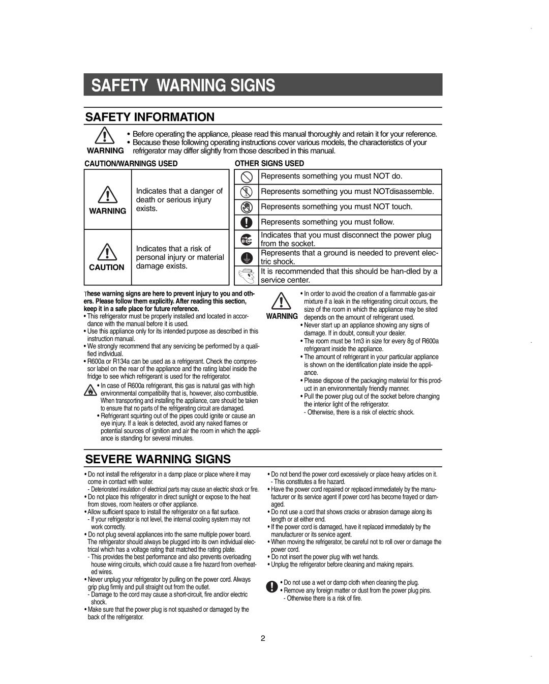 Samsung RSC6DPSH1/SML, RSC6KPWP1/SML, RSC6KPSH1/SML, RSC4KPSH1/SML manual Safety Warning Signs 