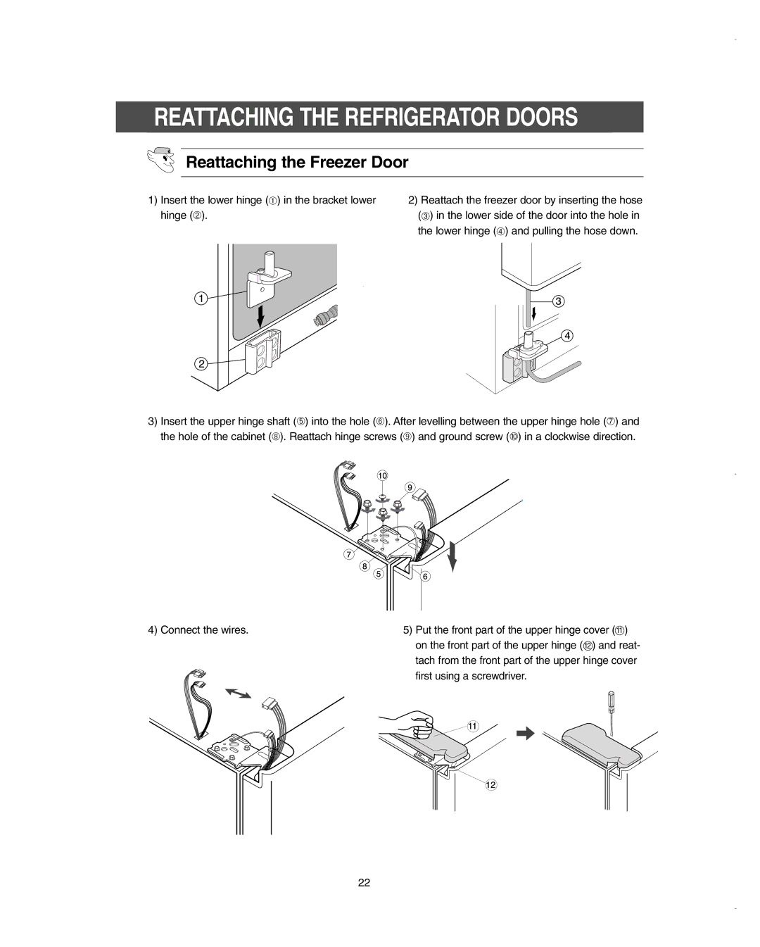 Samsung RSC6DPSH1/SML, RSC6KPWP1/SML, RSC6KPSH1/SML manual Reattaching the Refrigerator Doors, Reattaching the Freezer Door 