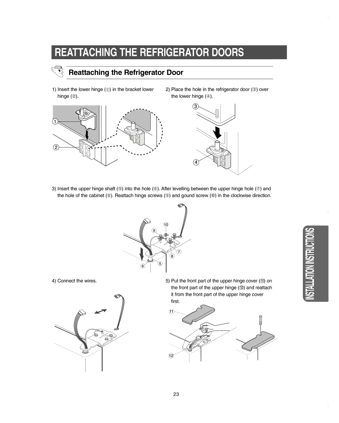 Samsung RSC4KPSH1/SML, RSC6KPWP1/SML, RSC6KPSH1/SML, RSC6DPSH1/SML manual Reattaching the Refrigerator Doors 