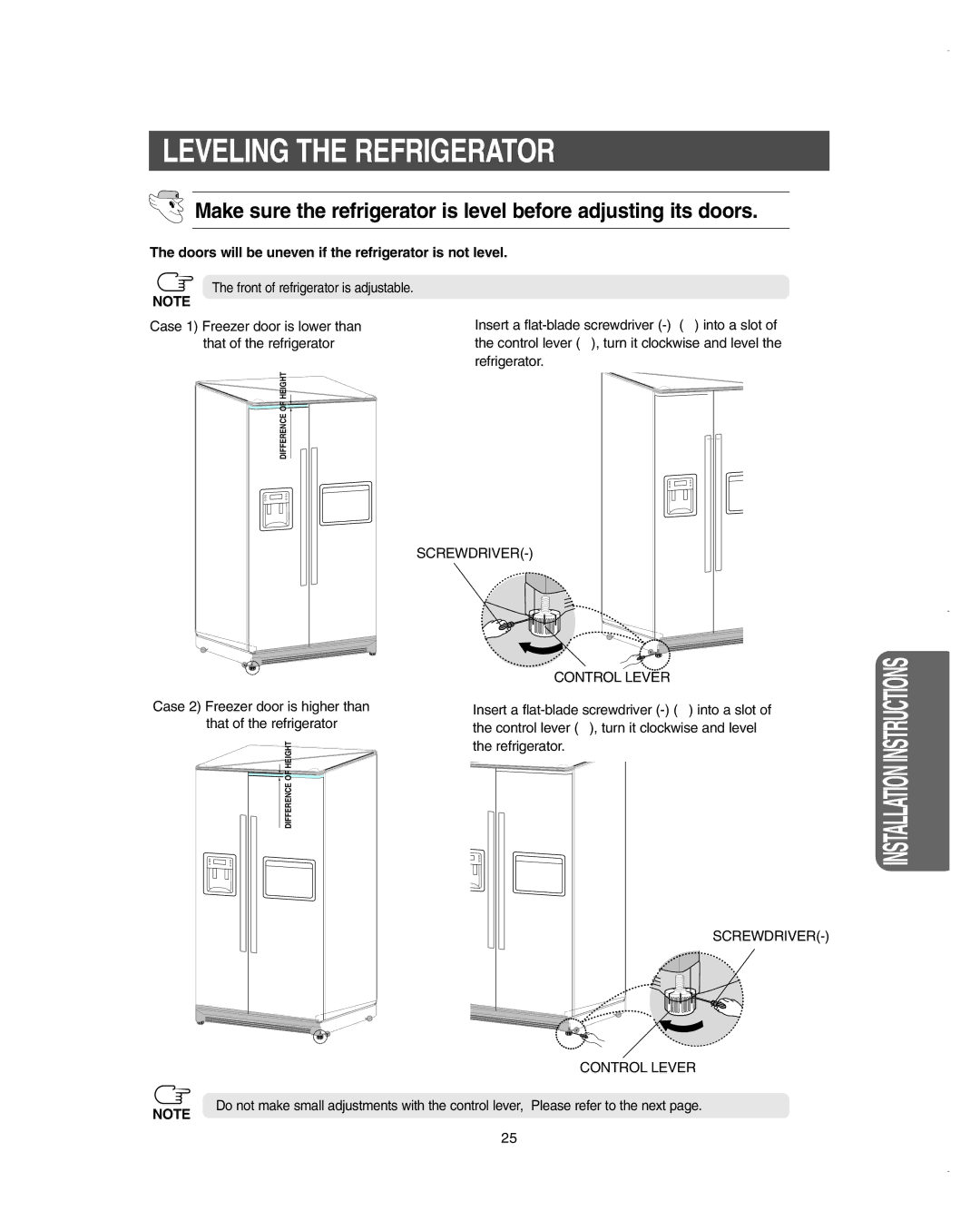 Samsung RSC6KPSH1/SML, RSC6KPWP1/SML manual Leveling the Refrigerator, Doors will be uneven if the refrigerator is not level 