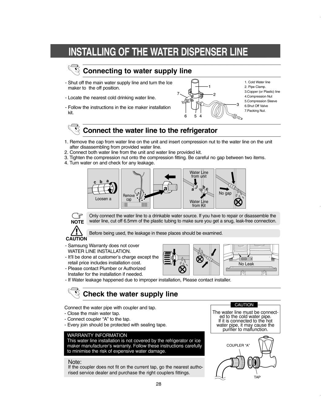 Samsung RSC6KPWP1/SML Installing of the Water Dispenser Line, Connecting to water supply line, Check the water supply line 