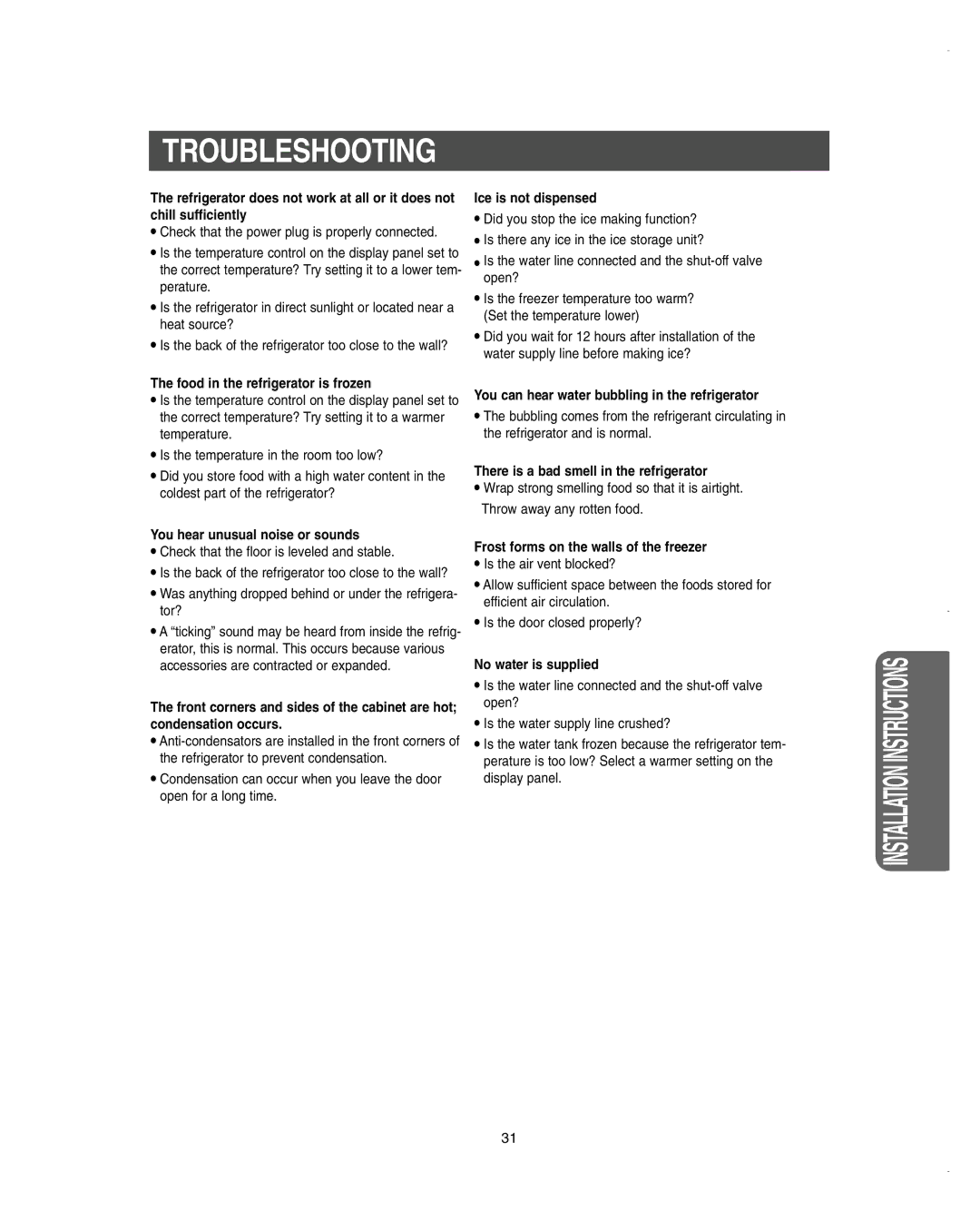 Samsung RSC4KPSH1/SML, RSC6KPWP1/SML, RSC6KPSH1/SML, RSC6DPSH1/SML manual Troubleshooting 