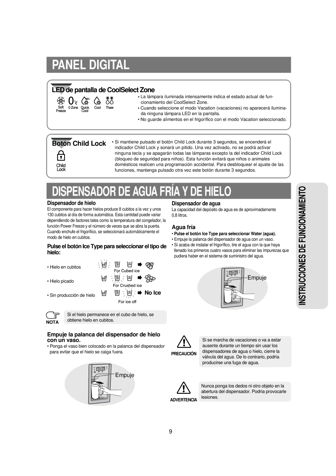 Samsung RSE8JPPS1/XES, RSE8KPUS1/XES, RSE8KPPS1/XES, RSE8JPUS1/XES, RSE8DPUS1/XES manual Dispensador DE Agua Fría Y DE Hielo 