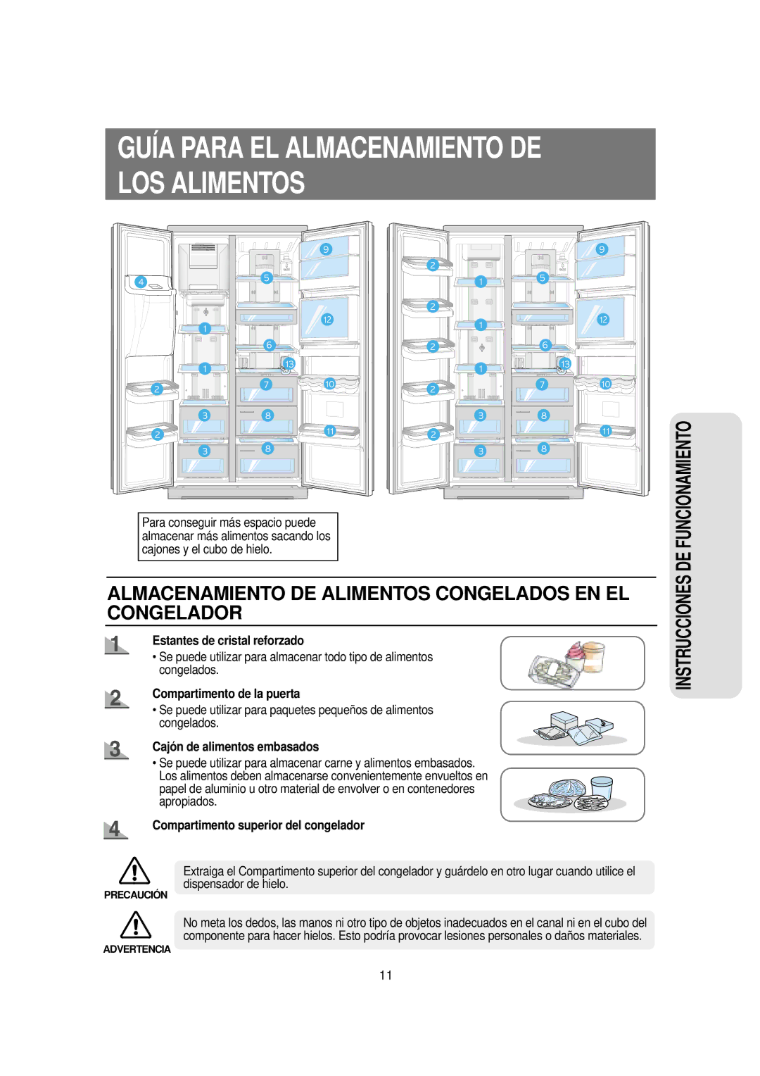 Samsung RSE8KPPS1/XES manual Estantes de cristal reforzado, Compartimento de la puerta, Cajón de alimentos embasados 