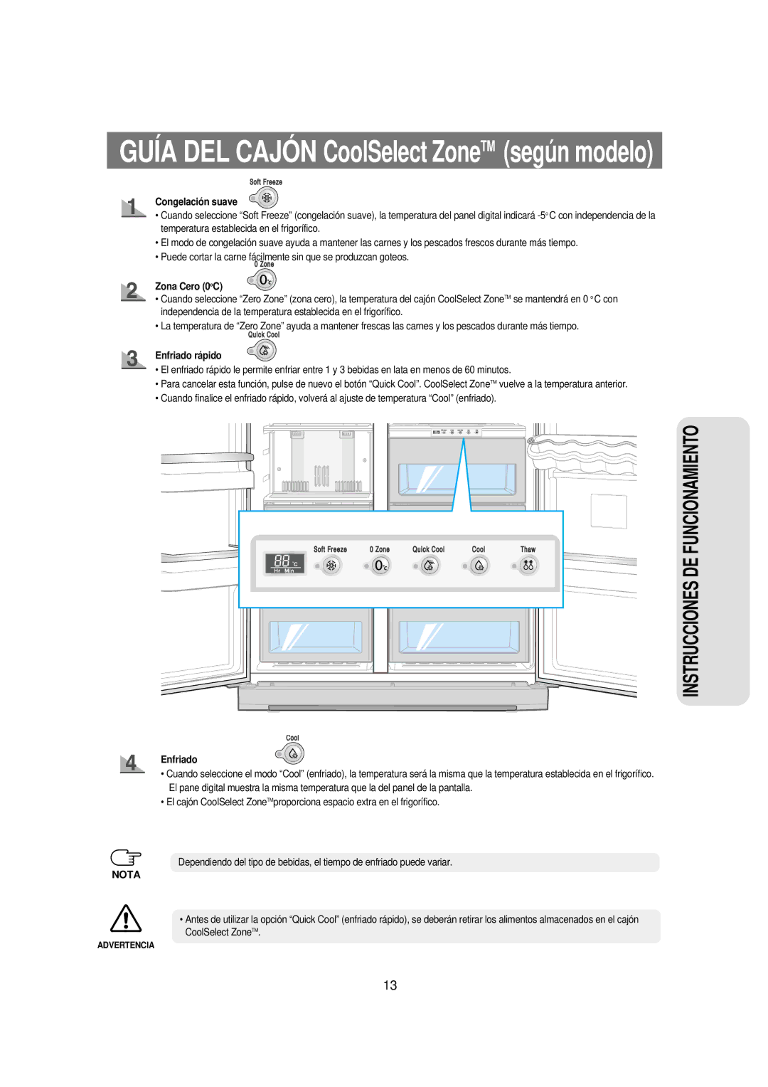 Samsung RSE8DPUS1/XES, RSE8JPPS1/XES, RSE8KPUS1/XES, RSE8KPPS1/XES manual Guía DEL Cajón CoolSelect ZoneTM según modelo 