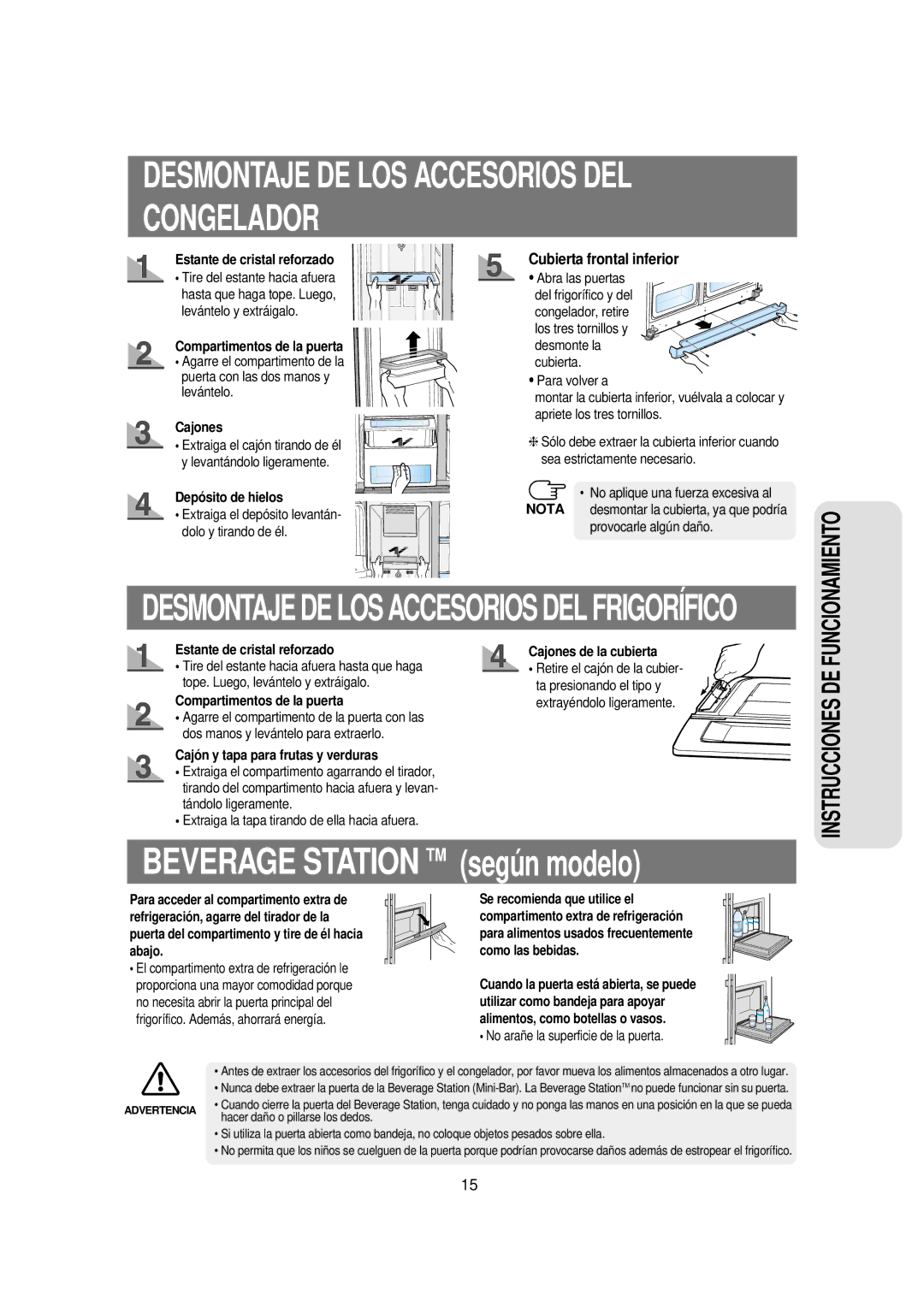 Samsung RSE8KPUS1/XES, RSE8JPPS1/XES, RSE8KPPS1/XES Desmontaje DE LOS Accesorios DEL Congelador, Cubierta frontal inferior 