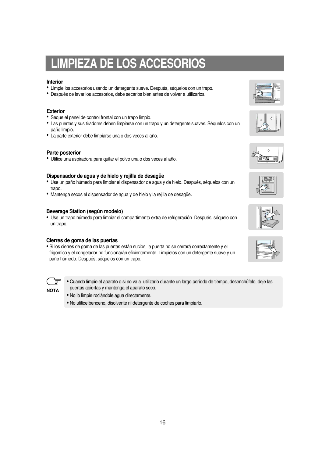 Samsung RSE8KPPS1/XES, RSE8JPPS1/XES, RSE8KPUS1/XES, RSE8JPUS1/XES, RSE8DPUS1/XES manual Limpieza DE LOS Accesorios 