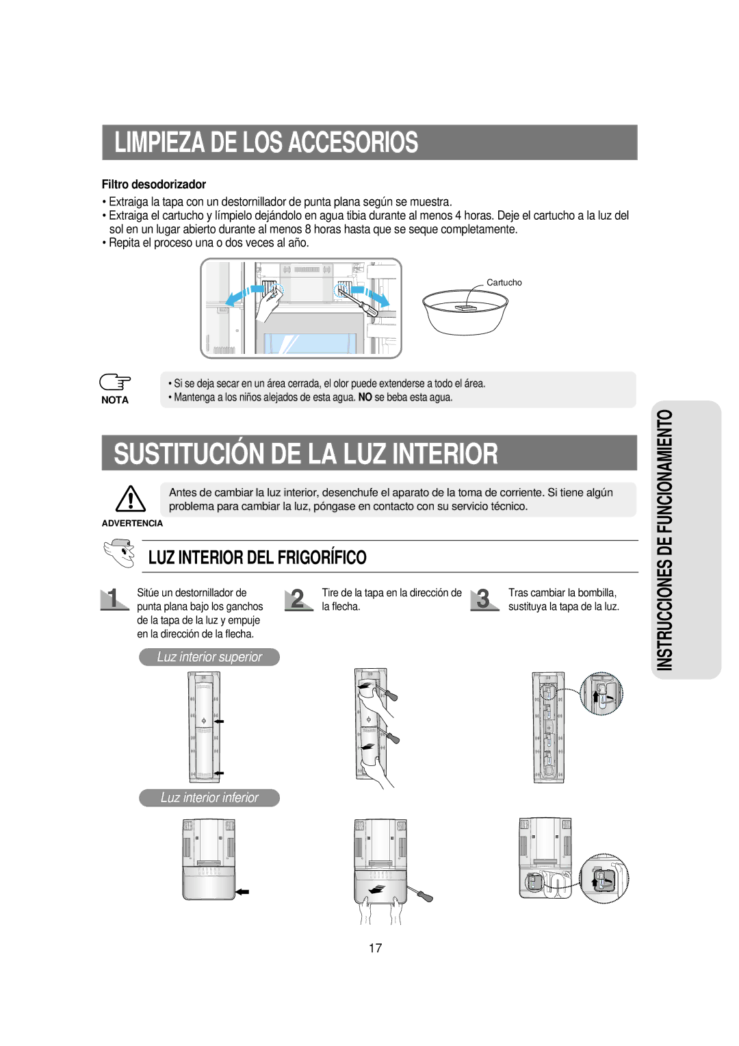 Samsung RSE8JPUS1/XES, RSE8JPPS1/XES, RSE8KPUS1/XES, RSE8KPPS1/XES manual Sustitución DE LA LUZ Interior, Filtro desodorizador 