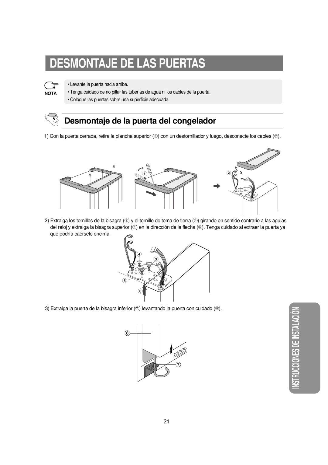 Samsung RSE8KPPS1/XES, RSE8JPPS1/XES, RSE8KPUS1/XES manual Desmontaje DE LAS Puertas, Desmontaje de la puerta del congelador 