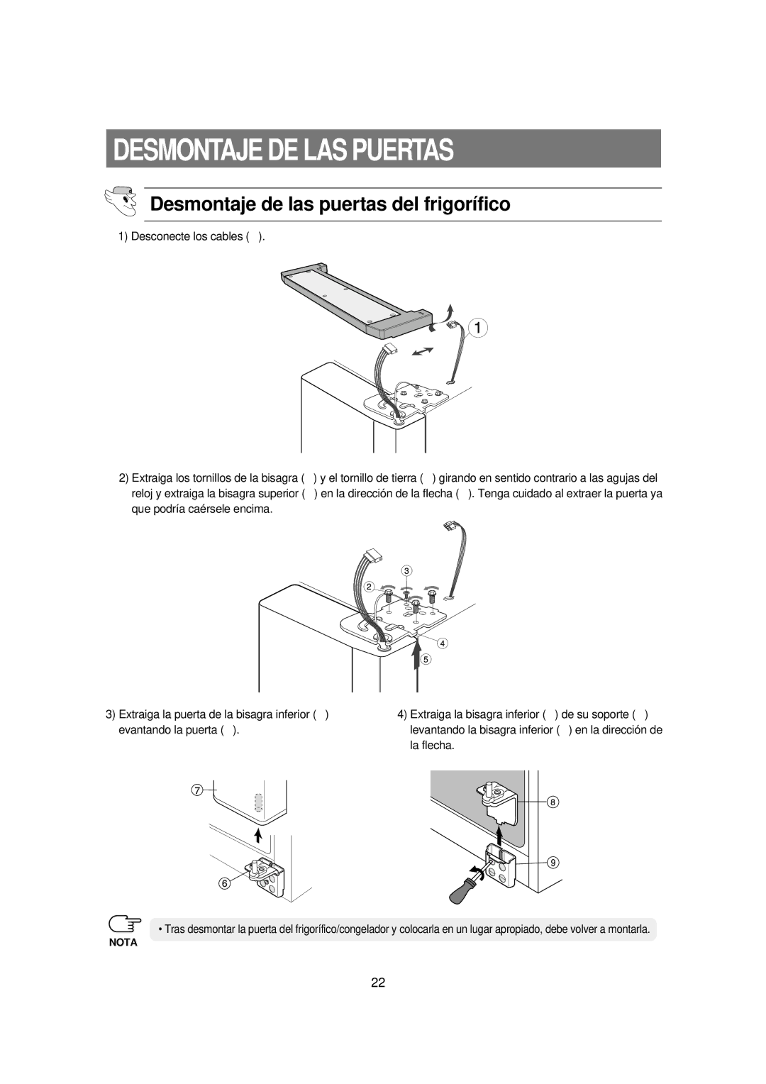 Samsung RSE8JPUS1/XES, RSE8JPPS1/XES, RSE8KPUS1/XES, RSE8KPPS1/XES, RSE8DPUS1/XES Desmontaje de las puertas del frigorífico 