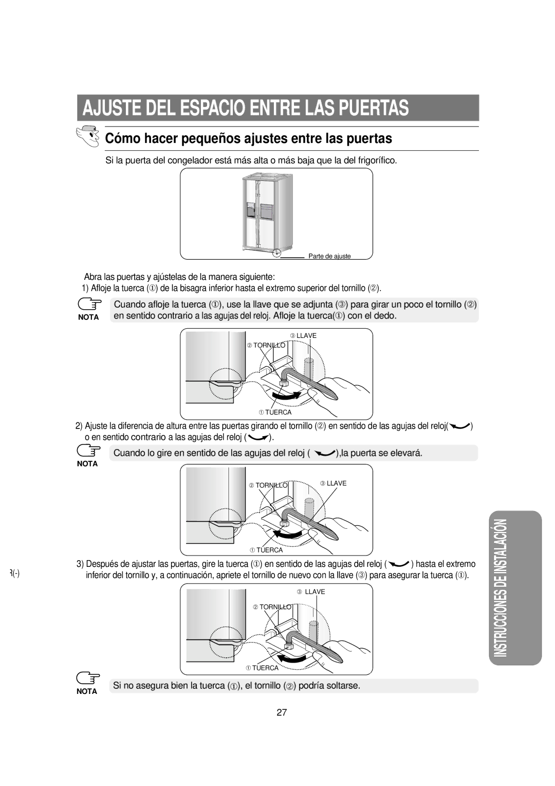 Samsung RSE8JPUS1/XES, RSE8JPPS1/XES, RSE8KPUS1/XES, RSE8KPPS1/XES manual Cómo hacer pequeños ajustes entre las puertas 