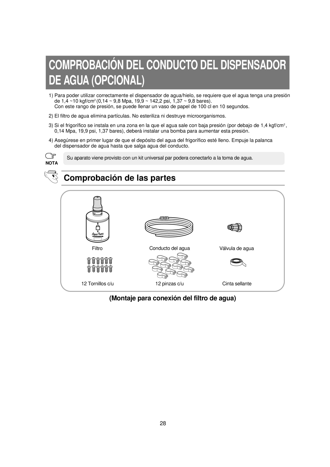 Samsung RSE8DPUS1/XES manual Comprobación DEL Conducto DEL Dispensador DE Agua Opcional, Comprobación de las partes 