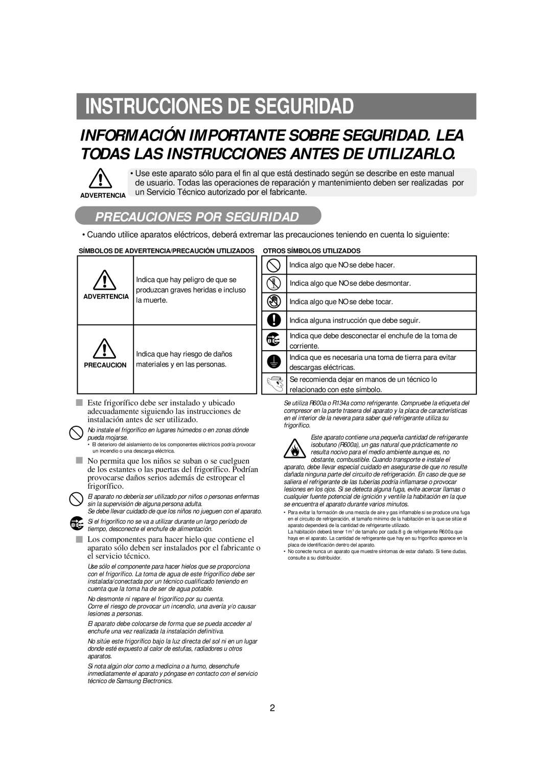 Samsung RSE8JPUS1/XES, RSE8JPPS1/XES, RSE8KPUS1/XES, RSE8KPPS1/XES Instrucciones DE Seguridad, Precauciones POR Seguridad 