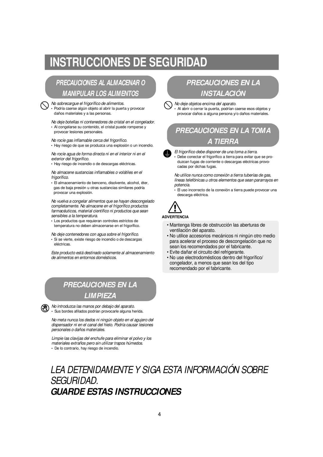 Samsung RSE8JPPS1/XES, RSE8KPUS1/XES, RSE8KPPS1/XES, RSE8JPUS1/XES, RSE8DPUS1/XES manual Guarde Estas Instrucciones 