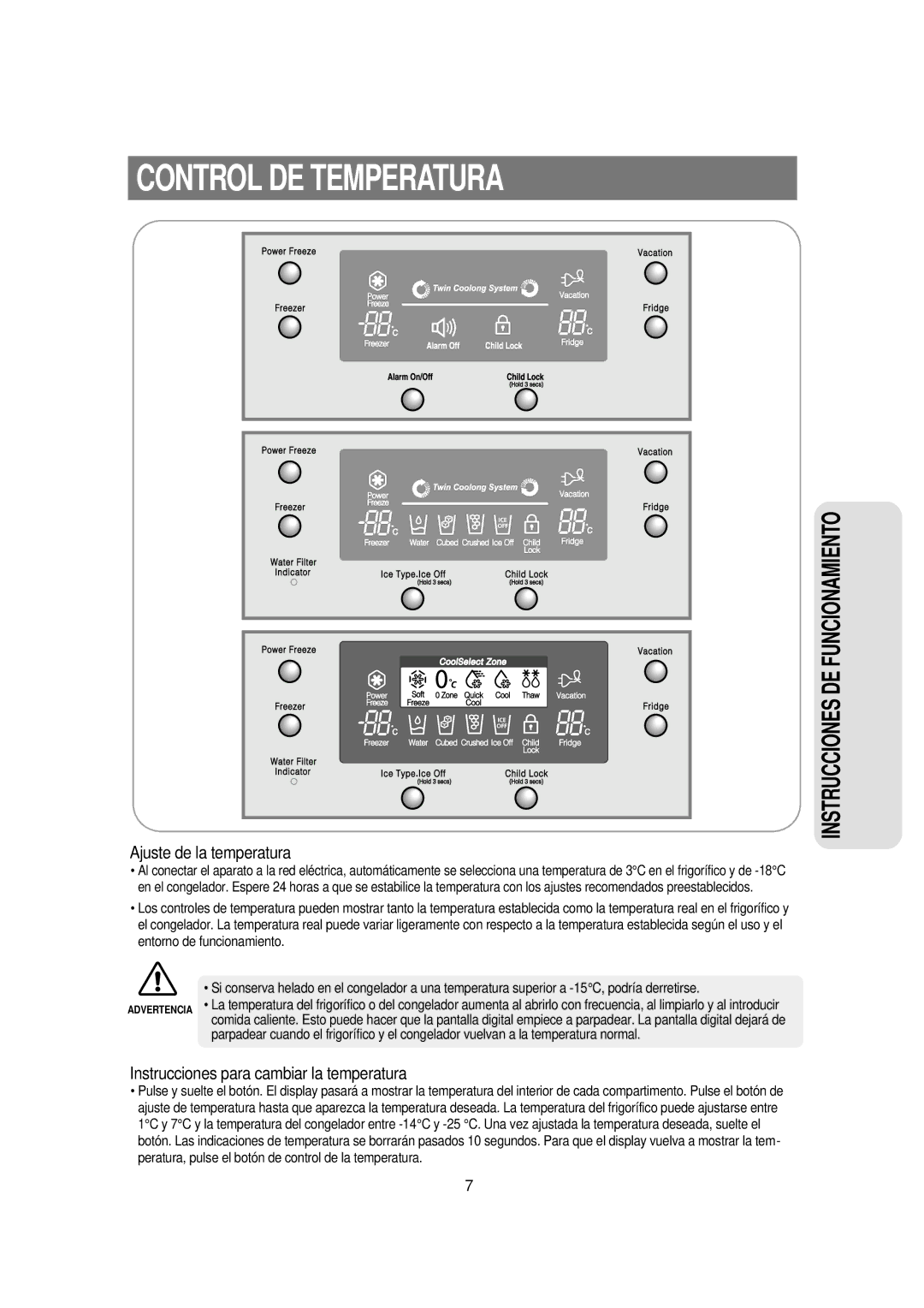 Samsung RSE8JPUS1/XES, RSE8JPPS1/XES, RSE8KPUS1/XES, RSE8KPPS1/XES manual Control DE Temperatura, Ajuste de la temperatura 