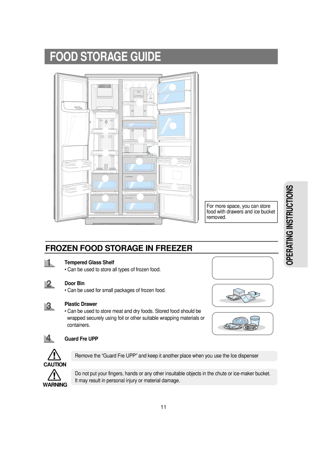 Samsung RSE8K, RSE8T, RSE8V, RSE8D, RSE8J Food Storage Guide, Tempered Glass Shelf, Door Bin, Plastic Drawer, Guard Fre UPP 