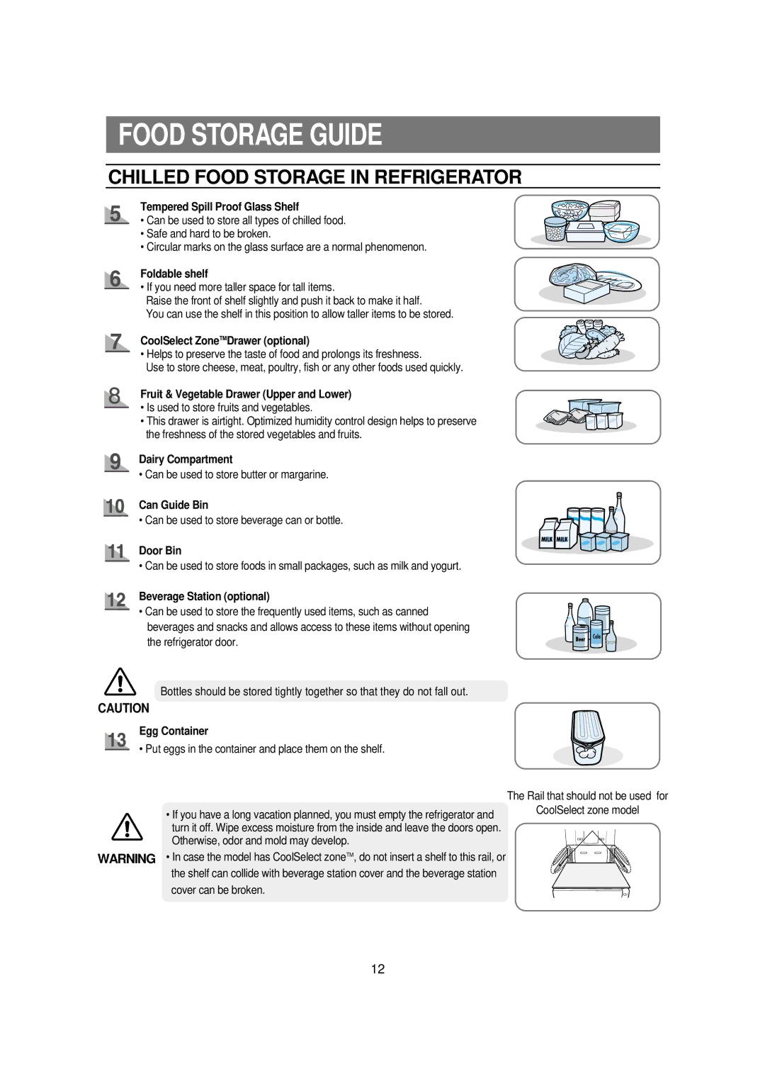 Samsung RSE8T, RSE8K, RSE8V, RSE8D, RSE8J, DA68-01453B manual Chilled Food Storage in Refrigerator 