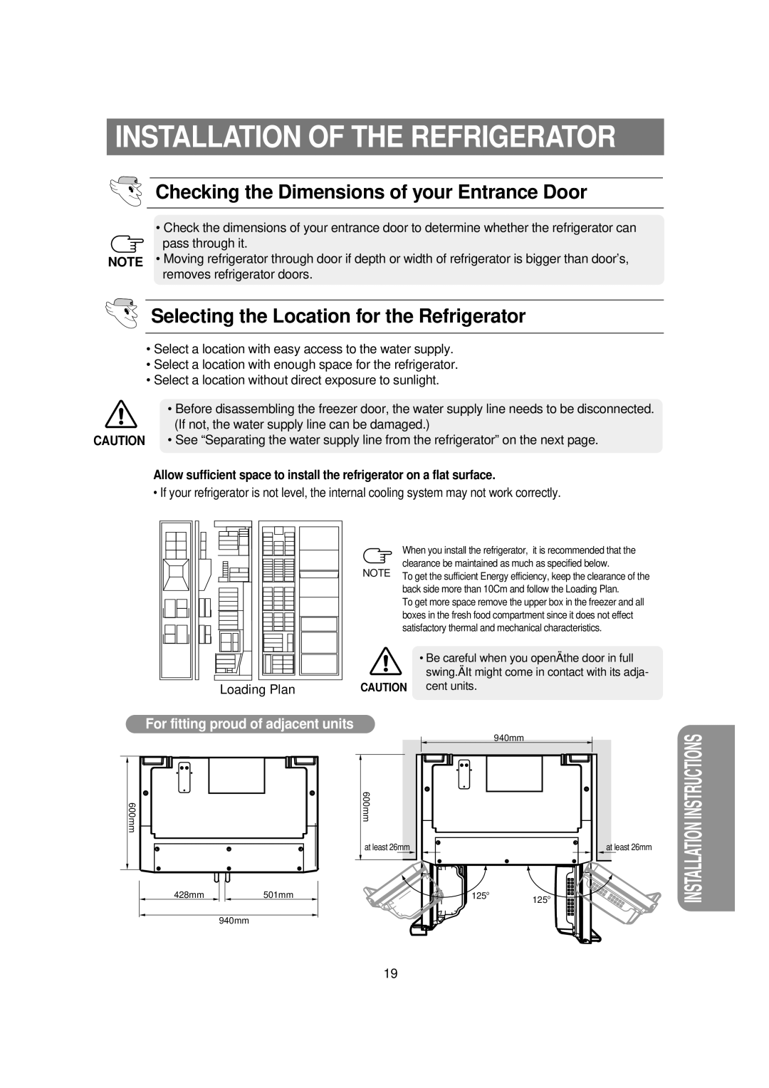 Samsung RSE8V, RSE8K, RSE8T, RSE8D, RSE8J Installation of the Refrigerator, Checking the Dimensions of your Entrance Door 