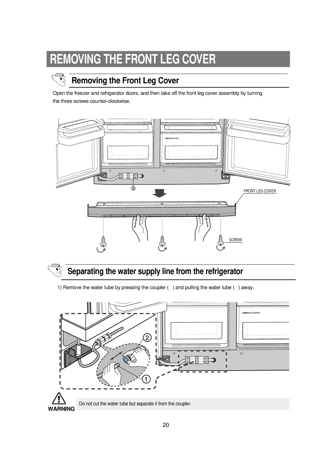 Samsung RSE8D, RSE8K, RSE8T, RSE8V, RSE8J, DA68-01453B manual Removing the Front LEG Cover, Removing the Front Leg Cover 