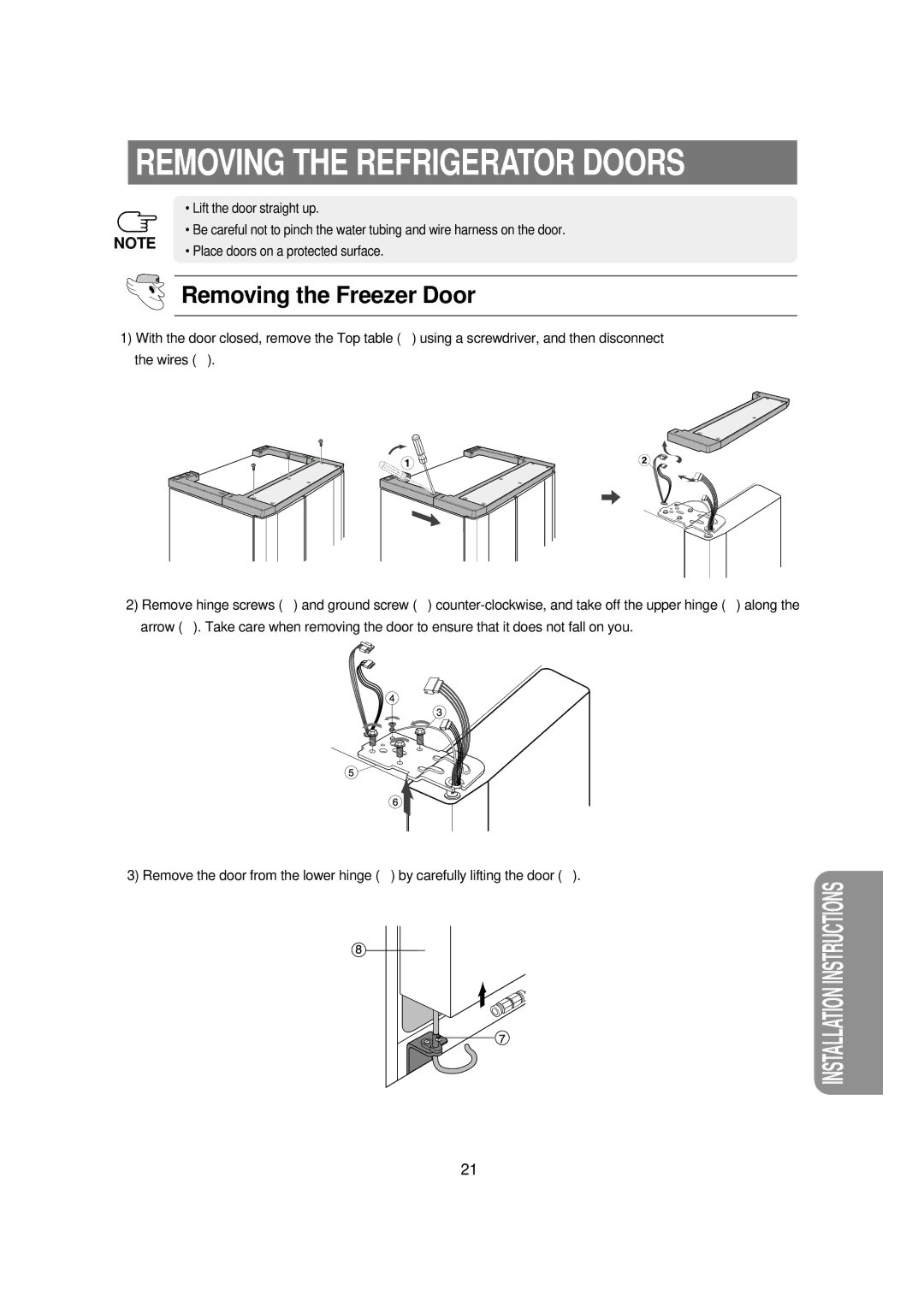 Samsung RSE8J, RSE8K, RSE8T, RSE8V, RSE8D, DA68-01453B manual Removing the Refrigerator Doors, Removing the Freezer Door 