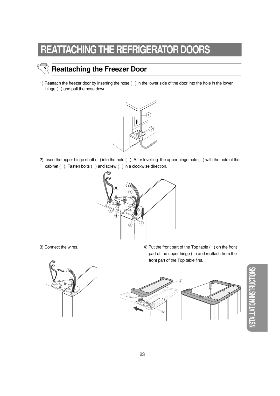 Samsung RSE8K, RSE8T, RSE8V, RSE8D, RSE8J, DA68-01453B manual Reattaching the Refrigerator Doors, Reattaching the Freezer Door 