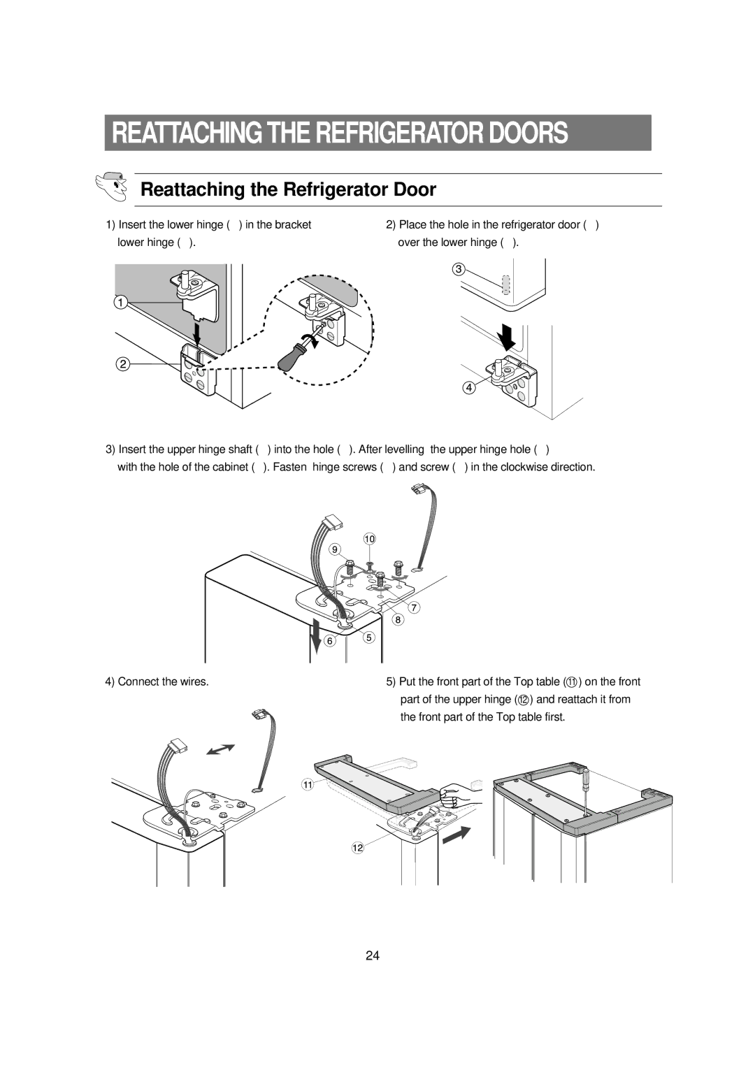 Samsung RSE8T, RSE8K, RSE8V, RSE8D, RSE8J, DA68-01453B manual Reattaching the Refrigerator Door 